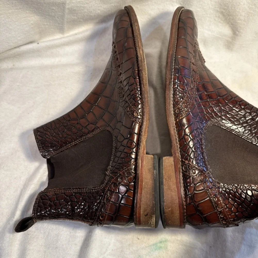 Stacy‎ Adams Leather Tooled Croc Men's Ankle Dress Boots Burgundy Brown Sz 9.5 M